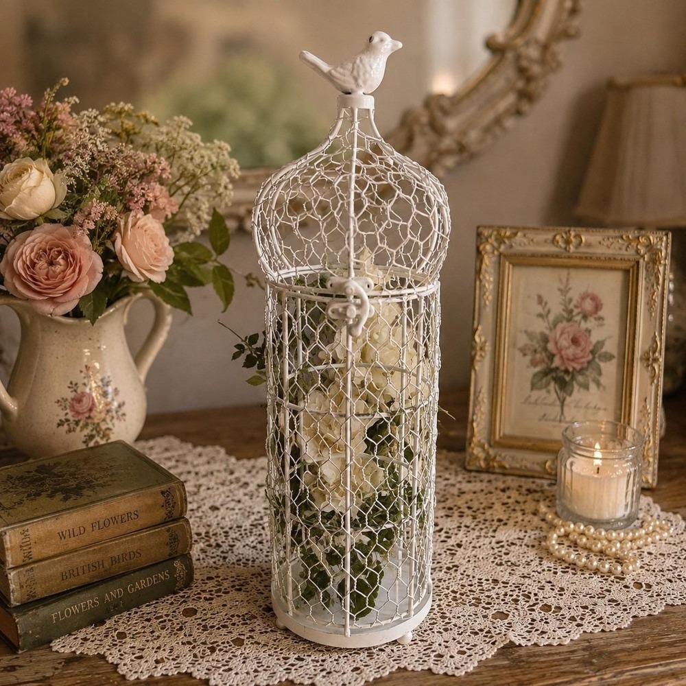 Vintage Style White Wire Bird Cage Decorative Birdcage Cottage Farmhouse Decor